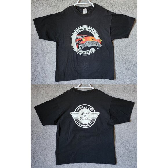 VTG 90s Steak N' Shake Fast Food Burgers Hotrod Promo Black T Shirt Size Large - Picture 1 of 16